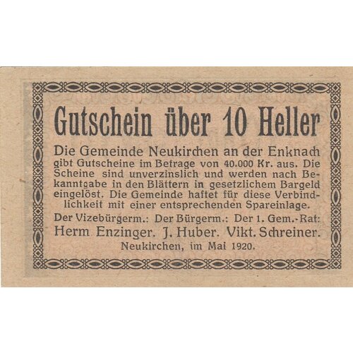 Австрия, Нойкирхен-ан-дер-Энкнах 10 геллеров 1920 г. (№2) австрия нойкирхен ан дер энкнах 50 геллеров 1920 г 2