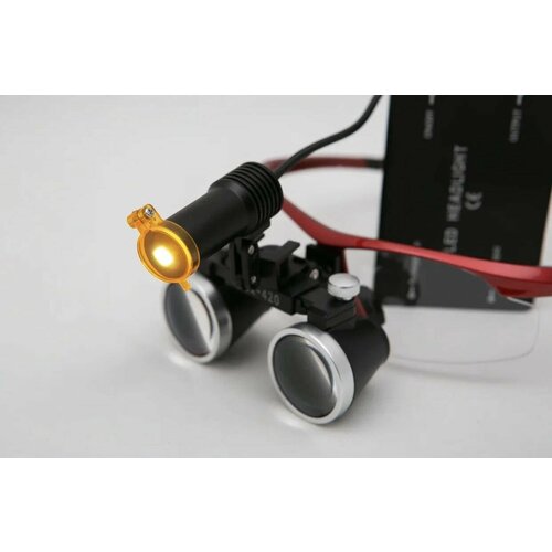 Профессиональные бинокуляры очки-лупы красные 2,5x-420 с подсветкой Stomato для стоматологов.