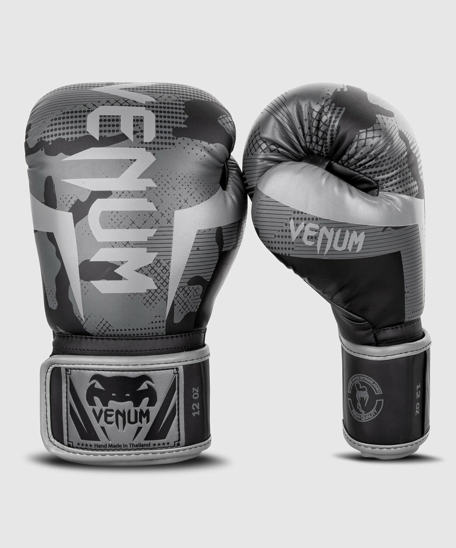 Боксерские перчатки Venum Elite черно-серый камуфляж (Venum, 12 унций, Черно-серый) 12 унций