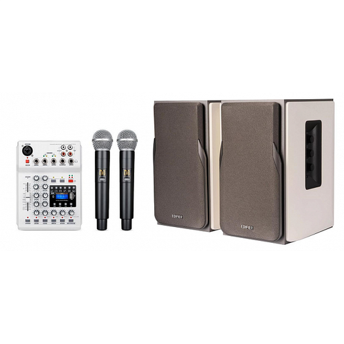 Караоке система с микшером, микрофонами и акустикой SkyDisco UM-100+R1380T белый караоке система noir audio um 100 с микшером и двумя беспроводными микрофонами