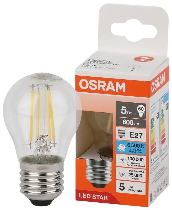 Лампочка светодиодная Osram филаментная стекло Шарик P45 E27 5Вт 220В 600Лм 6500К Холодный белый уп. 1шт