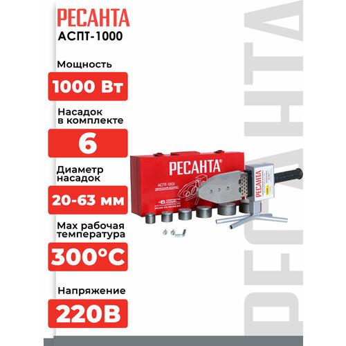 Аппарат для сварки РЕСАНТА ПВХ труб АСПТ-2063 MPEX 1000 ВТ 6 насадок 20-63 см 300 градусов 284100₽
