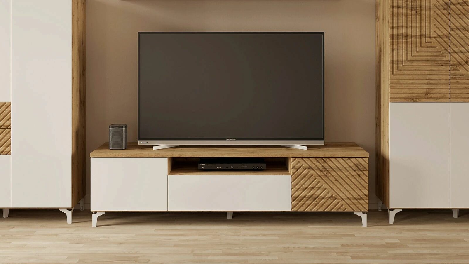 фото Тумба под ТВ двухдверная с ящиком Stefania (Стефания) 177*048*050 Дуб Натюрель + Белый Премиум