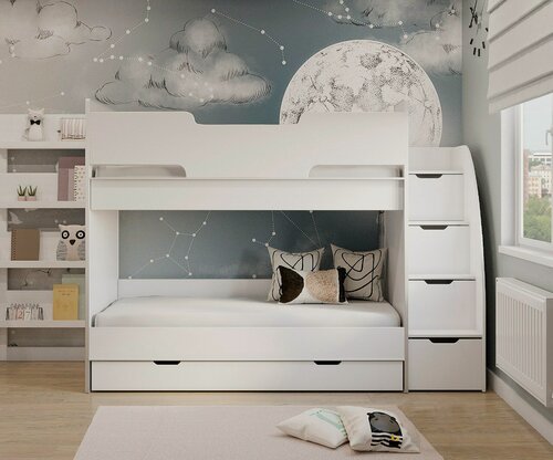 Изображение товара Matrix кровать детская двухъярусная "Junior 9" цвет белый, лестница справа