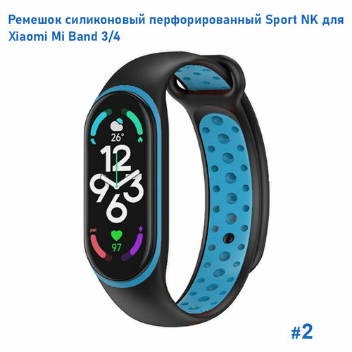 Ремешок силиконовый перфорированный Sport NK для Xiaomi Mi Band 3/4, на кнопке, черный+синий (2) черный, синий, размер XXL (запястье более 200 мм), S (запястье 135–150 мм), М (запястье 150–160 мм)