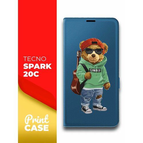 Чехол на Tecno Spark 20C (Техно Спарк 20С) синий книжка эко-кожа подставка отделением для карт и магнитами Book Case, Miuko (принт) Мишка Гитара чехол на tecno spark 20c техно спарк 20с фиолетовый книжка эко кожа подставка отделением для карт и магнитами book case miuko принт мишка скейт