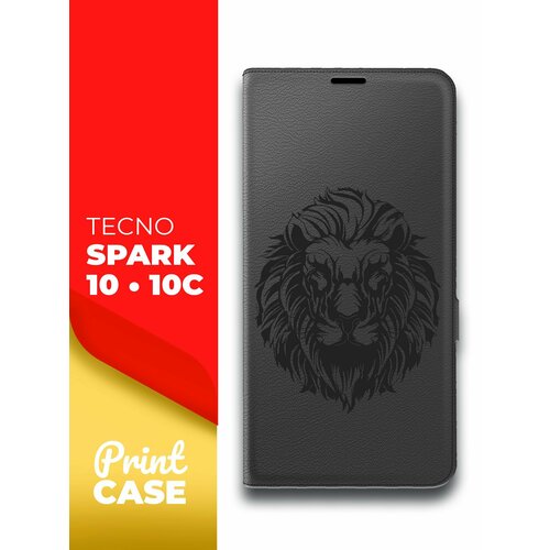 Чехол на Tecno Spark 10/ 10C (Техно Спарк 10/10С) черный книжка эко-кожа подставка отделением для карт и магнитами Book case, Miuko (принт) Лев черный чехол на tecno spark 10 10c техно спарк 10 10с синий книжка эко кожа подставка отделением для карт и магнитами book case miuko принт котик chill