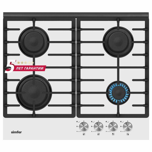 Газовая варочная панель Simfer 60см газ-контроль электроподжиг закаленное стекло чугунные решетки комплект жиклеров для баллонного газа 5 лет гарантии белый 2499000₽