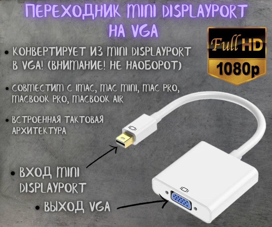 Переходник- Адаптер Mini DisplayPort to VGA белый