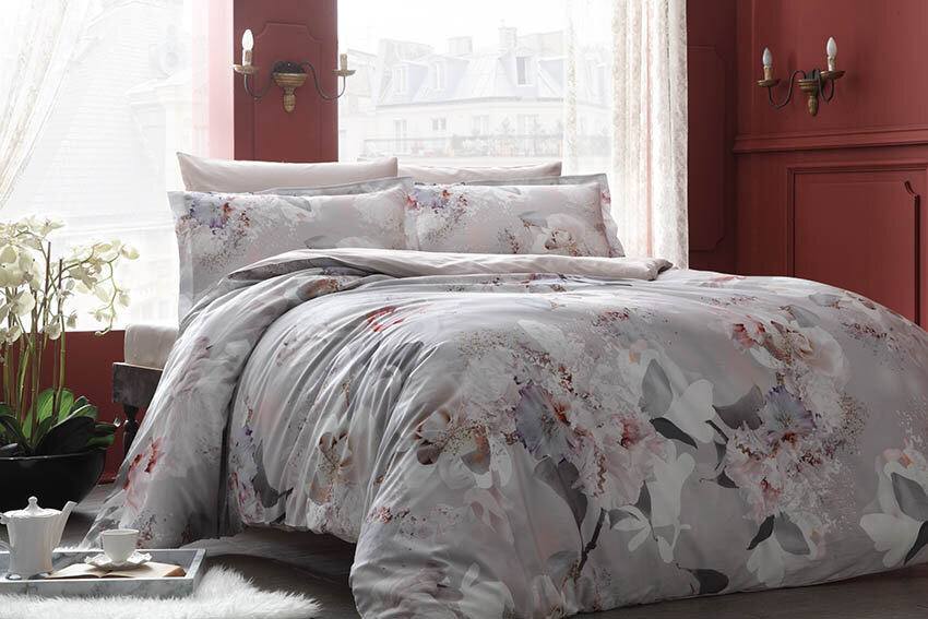 Постельное белье Premium digital сатин Lyric серый 1 5 спальное  TAC Турция 