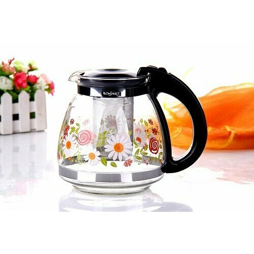 Чайник заварочный 1500 мл (жаропроч. стекло, деколь, метал. фильтр)