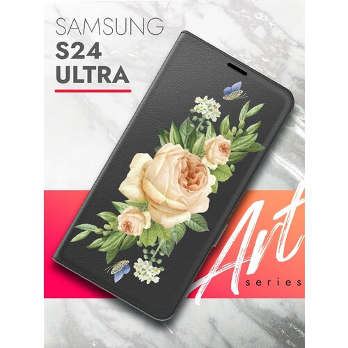 Чехол на Samsung Galaxy S24 Ultra (Самсунг Галакси С24 Ультра) черный книжка экокожа подставка магнит Book case, Brozo (принт) Бежевые Розы чехол на samsung galaxy s24 ultra самсунг галакси с24 ультра фиолетовый книжка экокожа подставка магнит book case brozo принт котик пьет