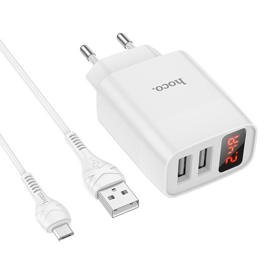 Сетевое зарядное устройство HOCO C86A Illustrious 2xUSB с Кабелем USB - Micro, 2.4A, 10.8W, белый