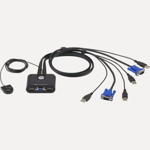 Изображение товара Переключатель KVM Aten 1 user USB+VGA => 2 cpu USB+VGA, со встр. шнурами USB 2x0.9м, 2048x1536, настол, исп. стандарт. шнуры, без OSD, некаскад.