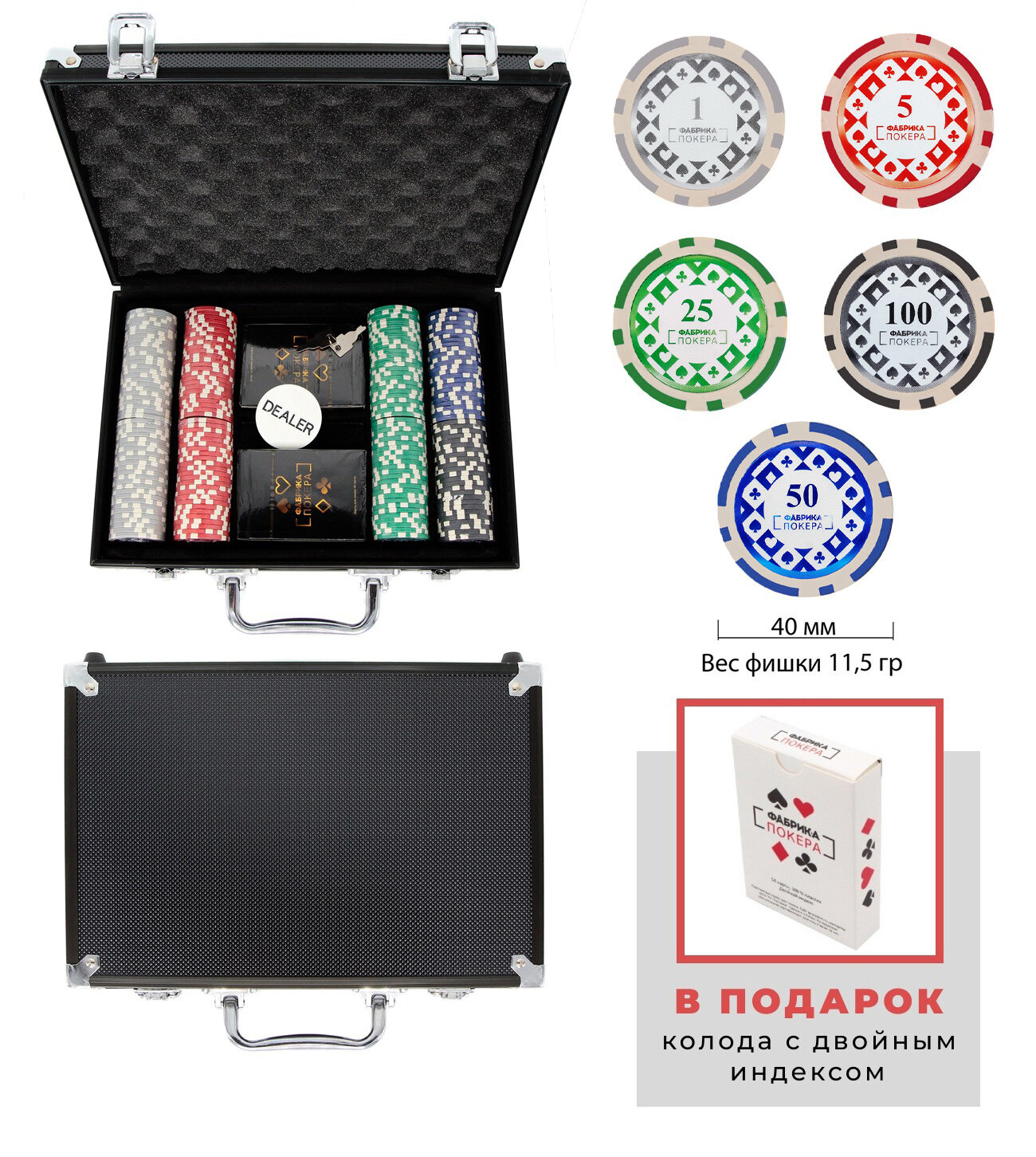 фото Набор для покера Фабрика Покера: 200 фишек с номиналом в черном кейсе + 1 колода с двойным индексом