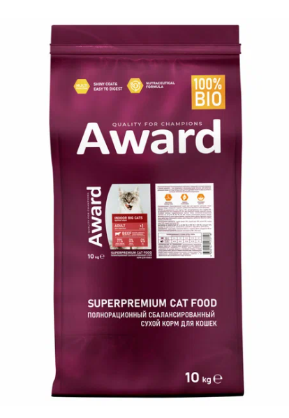 AWARD Indoor Big Cats сухой корм для взрослых домашних кошек крупных пород, с говядиной, курицей, брокколи и юккой Шидигера - 10 кг — фото 1