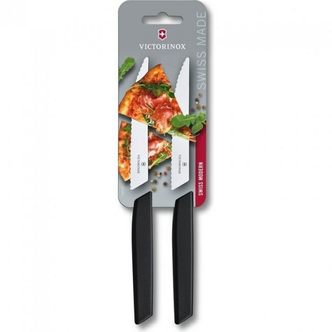 Набор из 2-х ножей для стейка и пиццы VICTORINOX Swiss Modern, волнистое лезвие 12 см, чёрная рукоять, в картонном блистере 6.9003.12WB