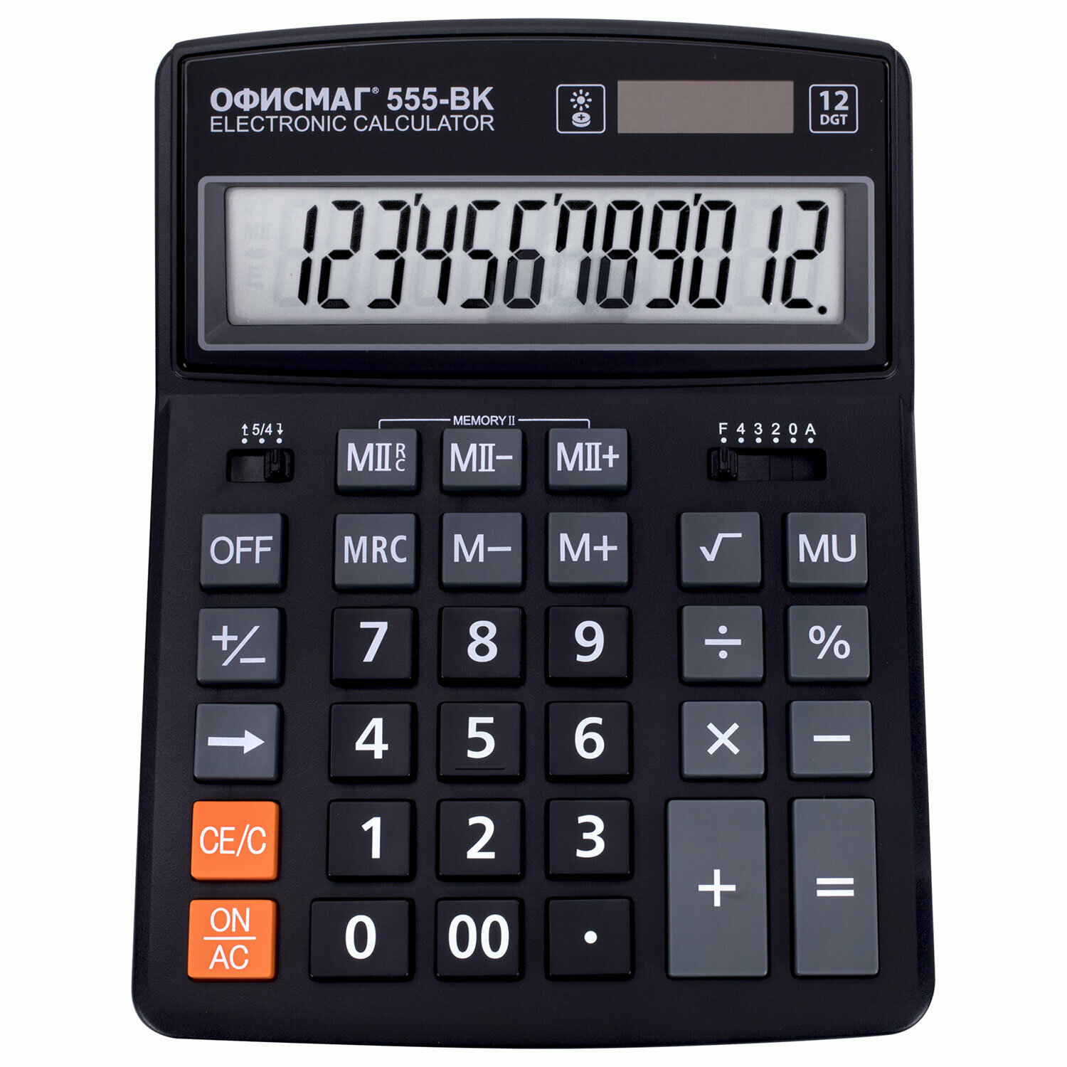 Калькулятор настольный большой 12 разрядный, 206x155 мм, двойное питание, черный, Офисмаг 555-BK, 271729