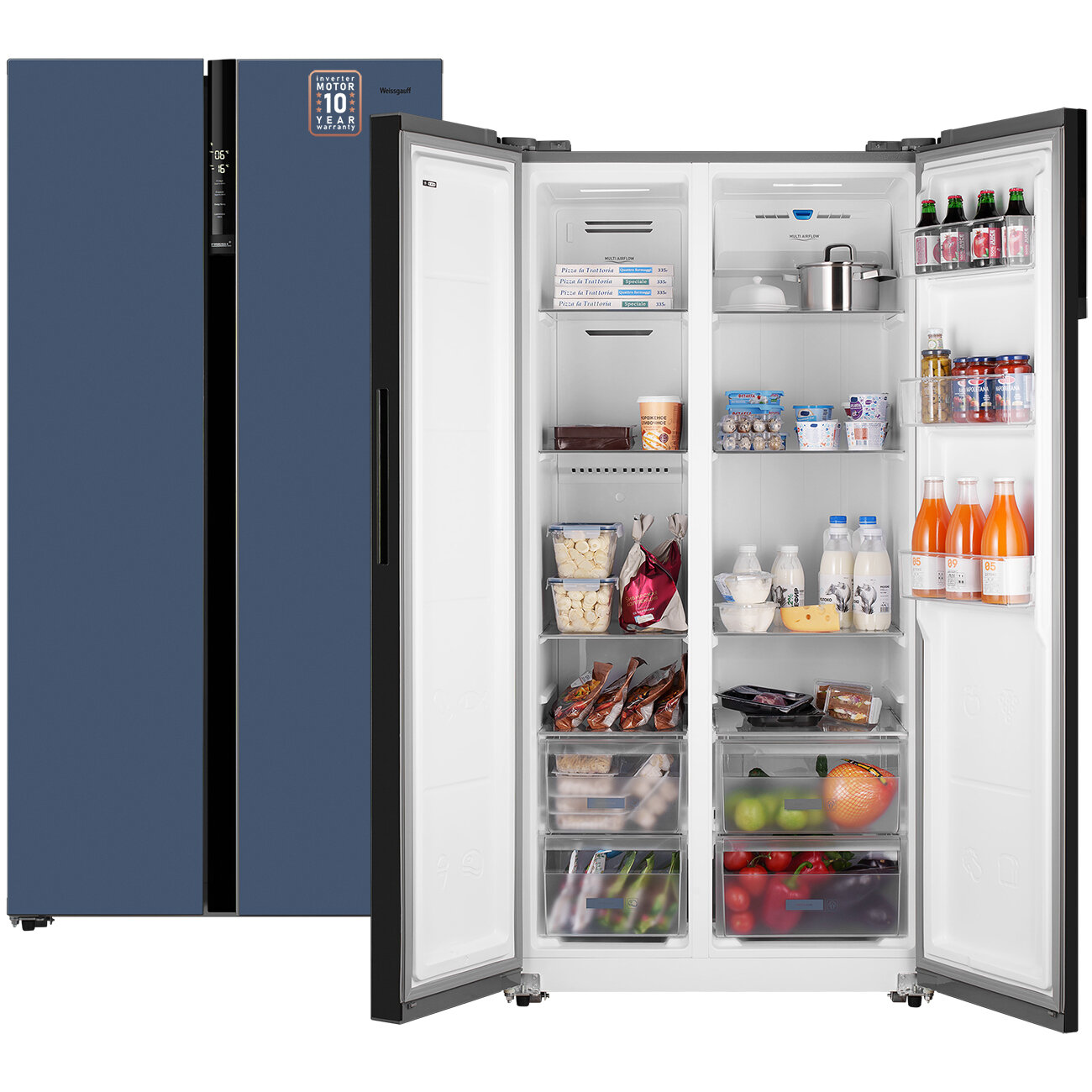 Отдельностоящий холодильник с инвертором Weissgauff Wsbs 600 NoFrost Inverter Blue Glass Side by Side двухдверный, 3 года гарантии, Мощность замораживания 12 кг сутки, Объём 584 л, Сенсорное управление, Цифровой дисплей, Суперзаморозка, LED освещение, A++