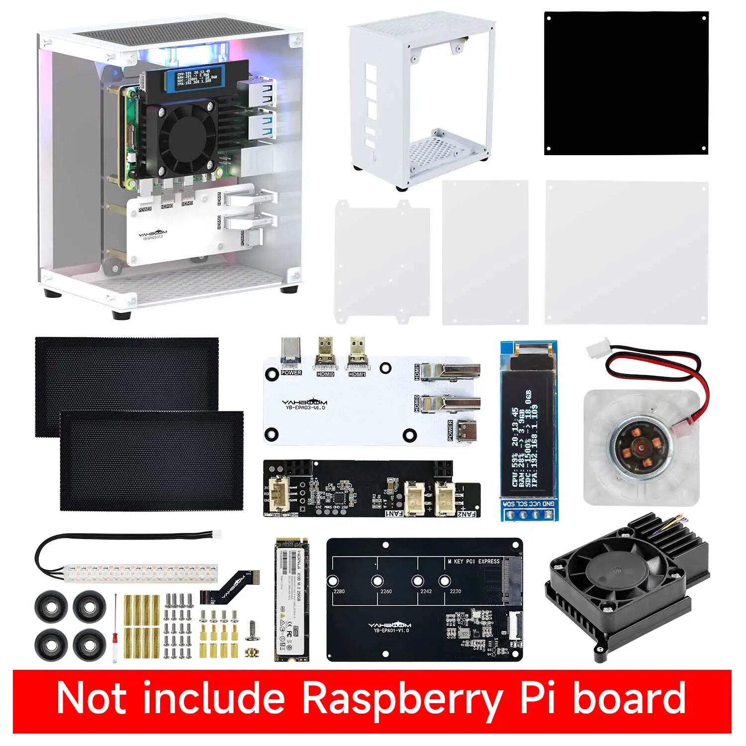 Защитный комплект корпуса Raspberry Pi 5 с охлаждающим вентилятором, цветной подсветкой RGB и дисплеем экрана 0,96, электронный корпус «сделай сам», поддержка SSD M.2, M.2 version