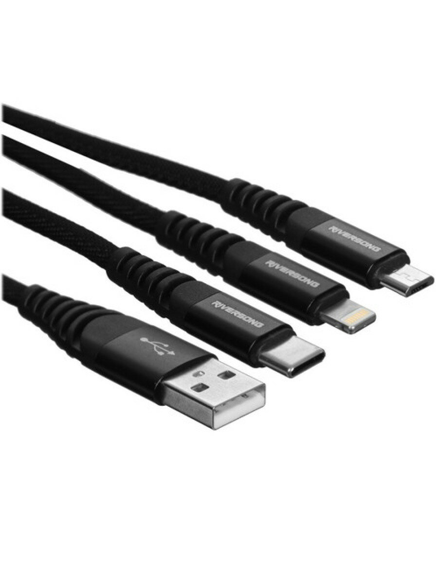 Кабель круглый RIVERSONG Lightning 8-pin micro USB USB Type-C - USB 2.0 Type-A черный 1.2 м