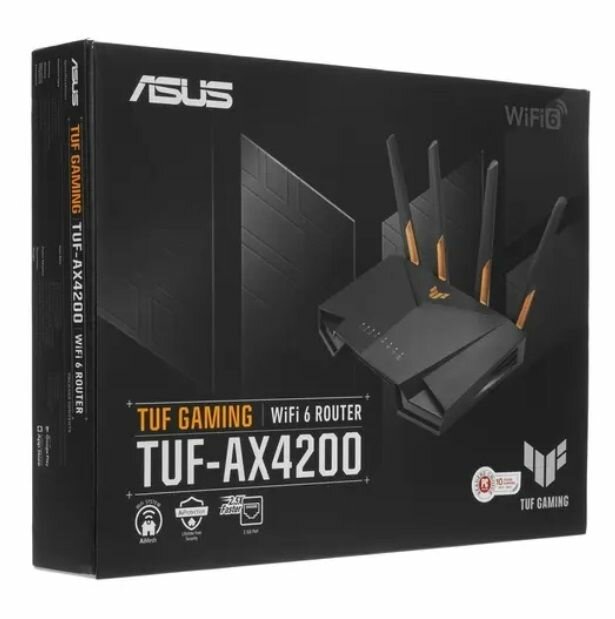 Wi-Fi роутер ASUS TUF-AX4200, 90IG07Q0-MO3100, 2.4 ГГц, 5 ГГц, 802.11ax, 4804 мбит/с, 4 антенны (внешние), черный — фото 1