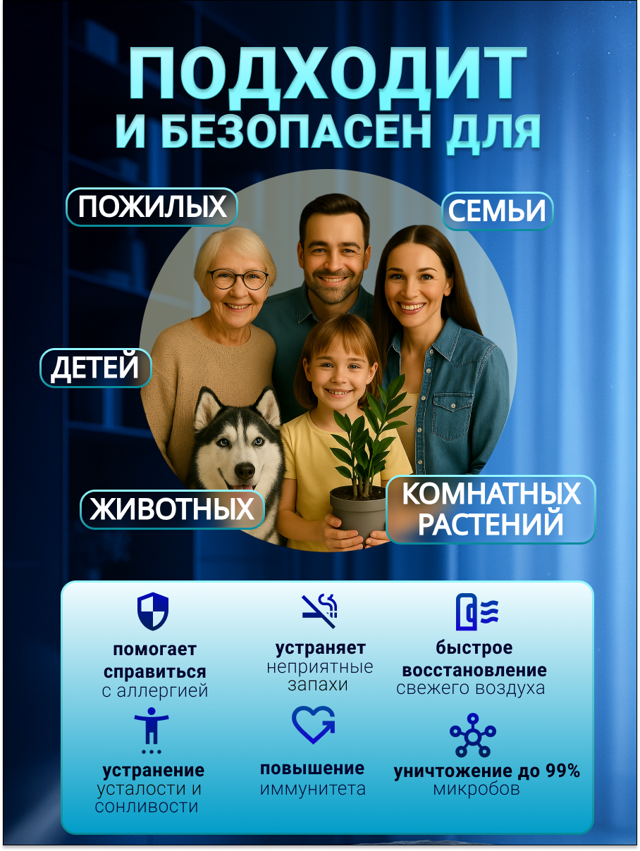 Очиститель воздуха, воздухоочиститель, ионизатор, нейтрализатор запаха "Супер-Плюс-Турбо" черный — фото 1