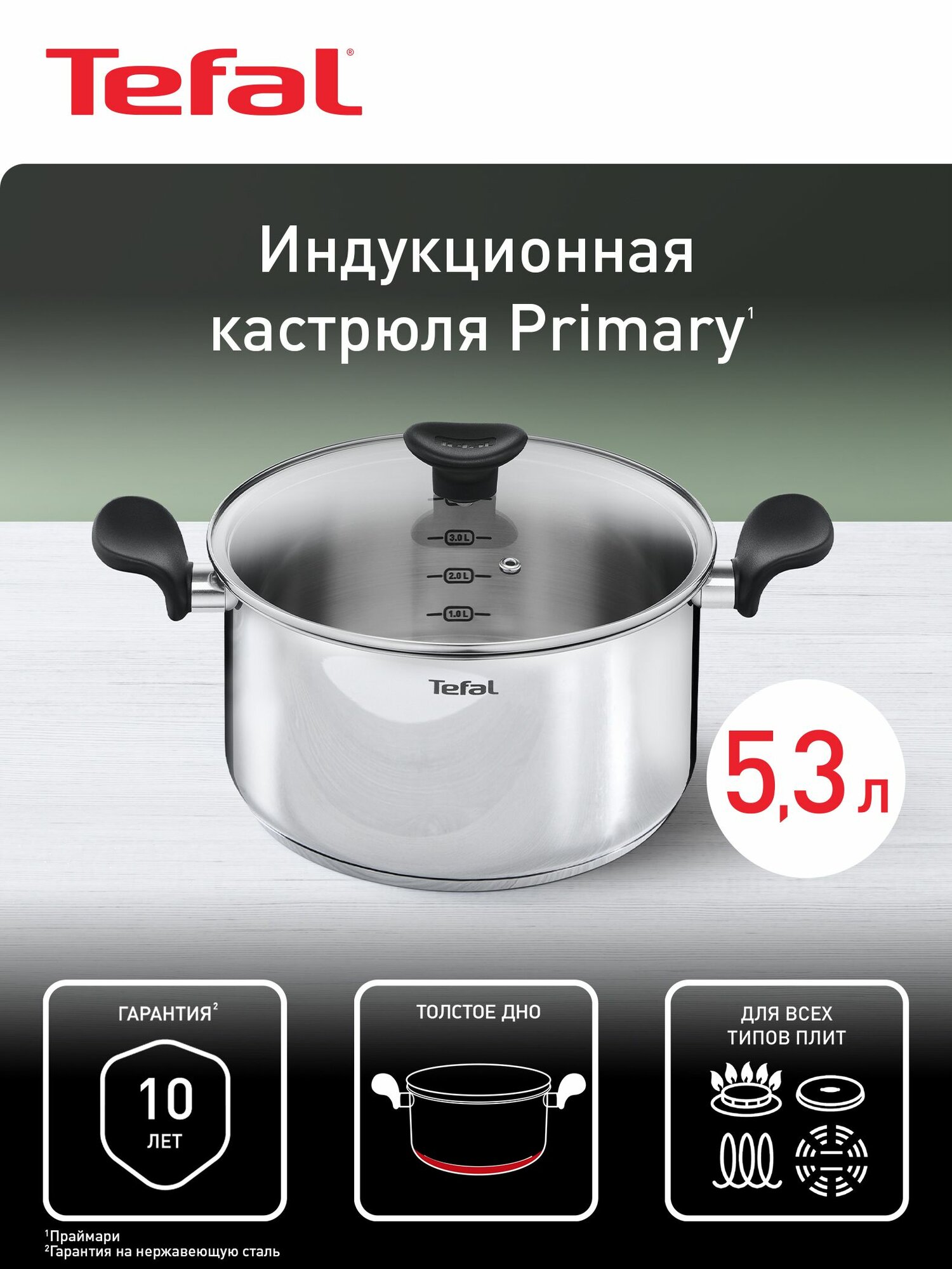 Кастрюля с крышкой Tefal Primary 24 см, 5,3 л, из нержавеющей стали, с мерной шкалой, для всех типов плит, включая индукционные