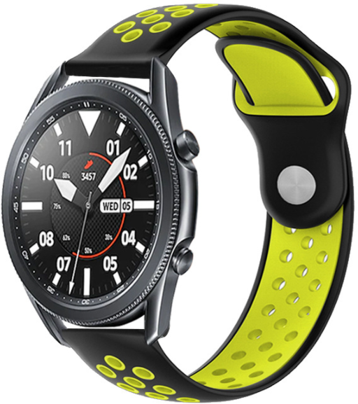 Силиконовый водостойкий сменный ремешок MyPads для умных смарт-часов Samsung Galaxy Watch 3 (45мм) SM-R840NZKACIS со спортивным дизайном с дырками под вентиляцию и застежкой (черно-зеленый)