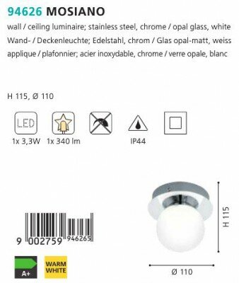 Настенно-потолочный светильник EGLO Mosiano 94626, 3.3 Вт, кол-во ламп: 1 шт., 3000 К, цвет арматуры: хром, цвет плафона: белый - фотография № 7