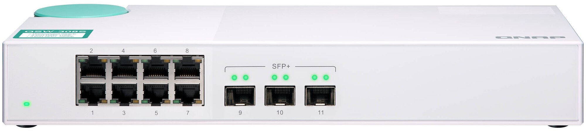 Коммутатор QNAP QSW-308S неуправляемый 3 порта 10 Гбит/с SFP+, 8 портов 1 Гбит/с RJ-45, пропускная способность до 76 Гбит/с, поддержка JumboFrame.