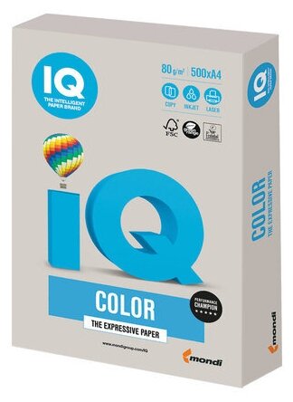 Бумага цветная IQ color, А4, 80 г/м2, 500 л., тренд, серая, GR21