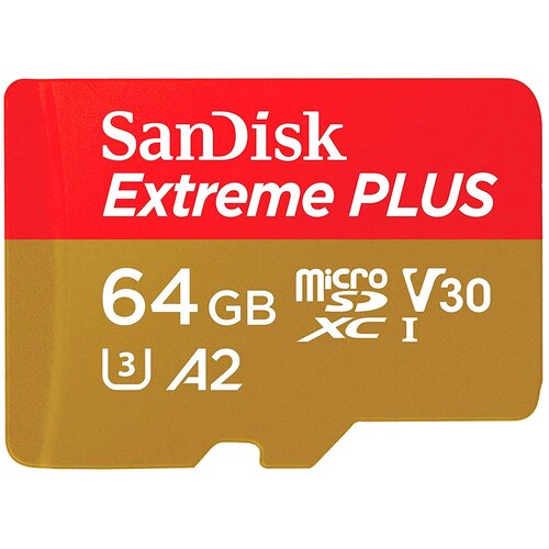 Карта памяти SanDisk Extreme PLUS microSDXC Class 10 UHS Class 3 V30 A2 170MB/s + SD adapter 64 GB чтение: 170 MB/s запись: 90 MB/s адаптер на SD
