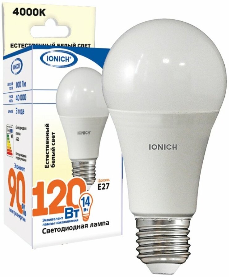 Лампочка светодиодная E27, 15 Вт, 120 Вт, груша, 4000 К, свет нейтрально-белый, IONICH, ILED-SMD2835-A60-14-1100-230-4-E27