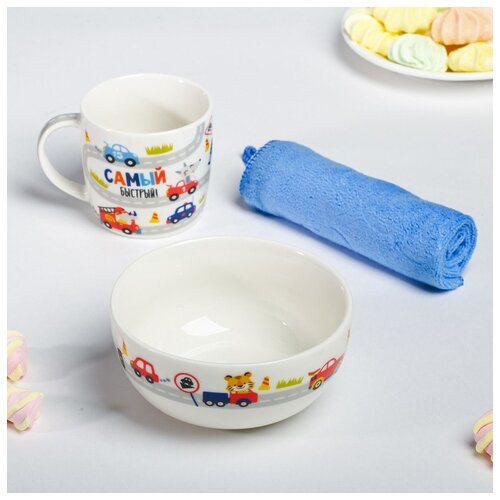 фото Набор "гонщик", кружка 250 мл, тарелка глубокая 13 см, полотенце 30 х 30 см 4115672 дорого внимание