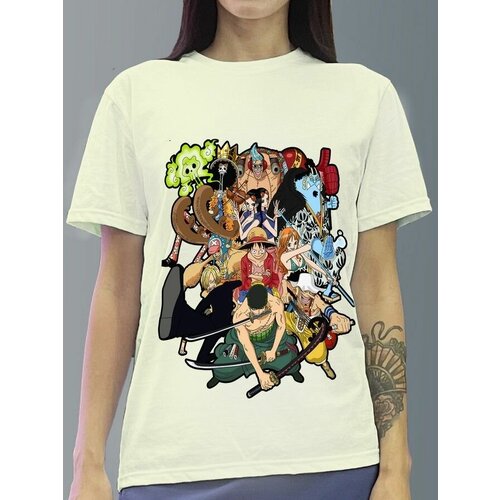 фото Футболка женская белая молочный оттенок из хлопка с dtf рисунком аниме ван-пис - 1048 будь на стиле