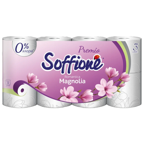 Туалетная бумага Soffione Premio Магнолия трехслойная 8 рул., белый, цветочный