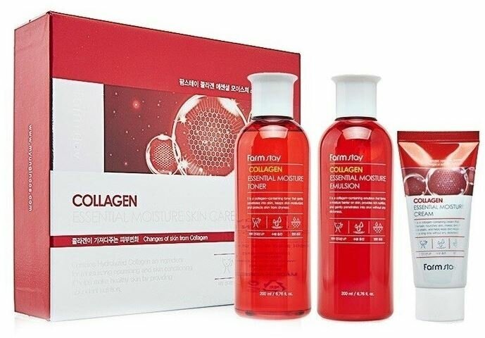 Эмульсия FarmStay Skin Care Collagen Essential Moisture Skin Care 3 Set, Набор из 3 средств по уходу за кожей с коллагеном, Набор: тонер, 200 мл + эмульсия, 200 мл + крем, 50 мл