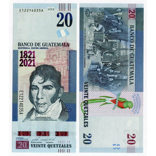 банкнота номиналом 1 кетсаль 1989 года гватемала Юбилейная банкнота Гватемала 20 кетсалей 2021 год. 200 лет независимости. E12214035A. UNC