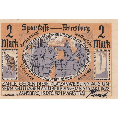 Германия (Веймарская Республика) Арнсберг 2 марки 1921 г. германия веймарская республика арнсберг 2 марки 1921 г
