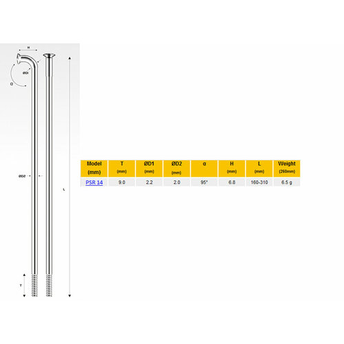 PILLAR Спицы PSR 14, 258 мм, серебристые поштучно