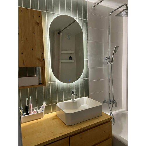 Зеркало для ванной интерьерное с LED подсветкой 3 в 1 и сенсорным управлением овальное парящее размер 55 х 95 см.