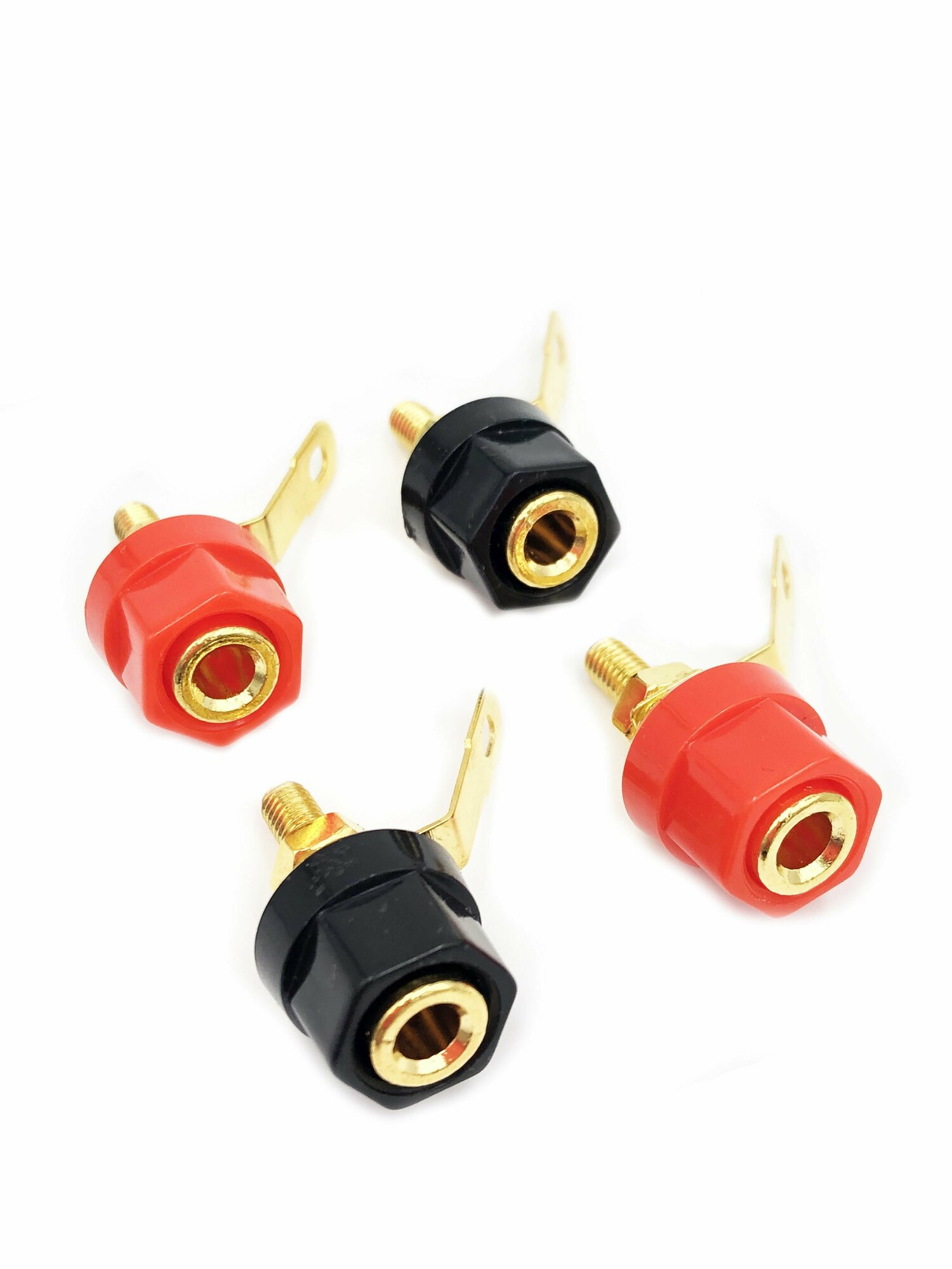 Разъем BANANA гнездо 28мм пластик позолоченный на корпус, красный и черный.( комплекте 4 штуки)