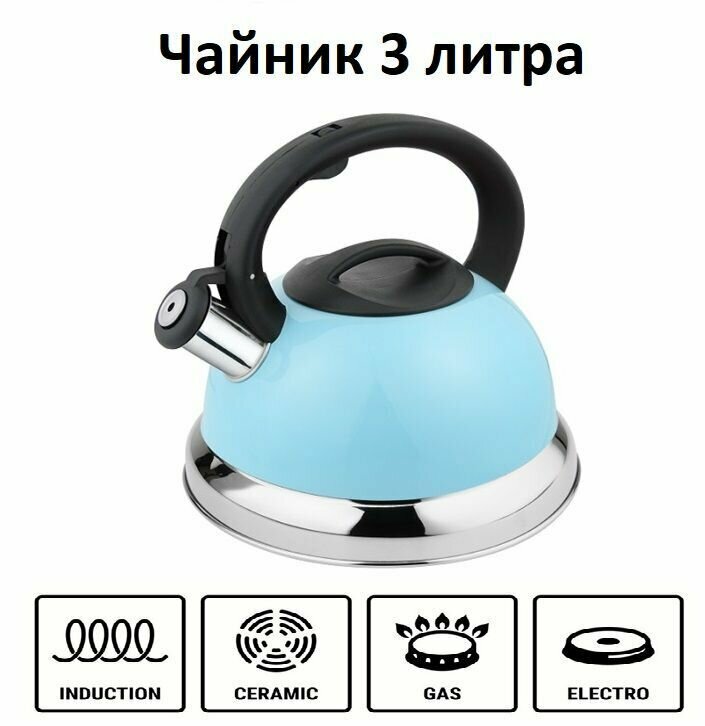 фото Чайник 3,0 л из нержавеющей стали, со свистком, для всех типов плит