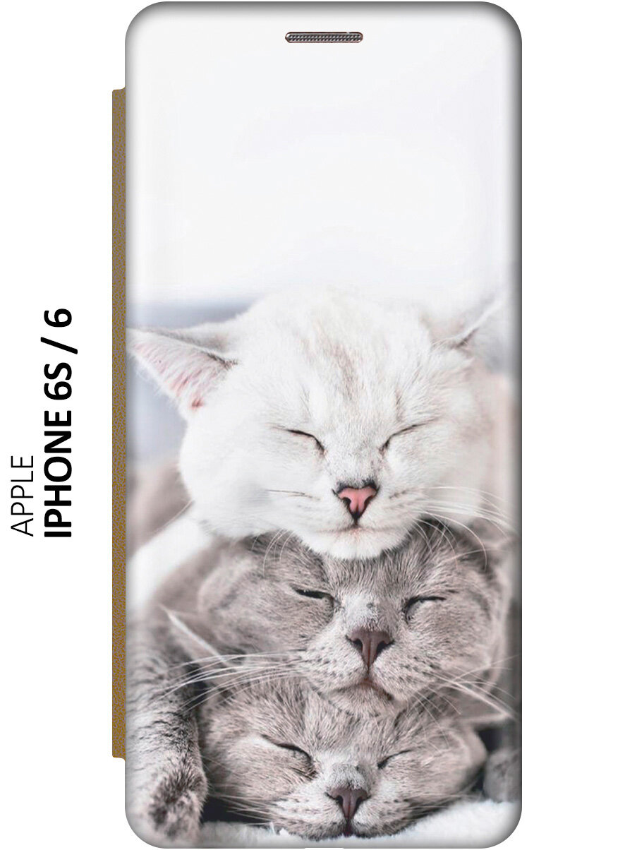 Чехол-книжка на Apple iPhone 6s / 6 / Эпл Айфон 6 / 6с с рисунком "Три кота" золотой