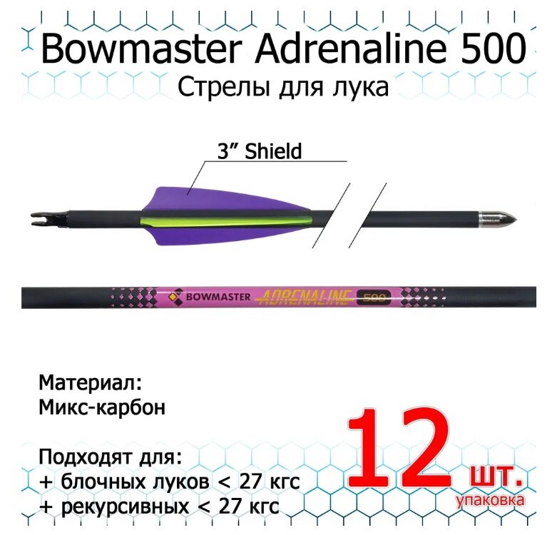 Стрела для лука Bowmaster - Adrenaline 500, микс-карбон, оперение 4' TPU Shield (12 шт)