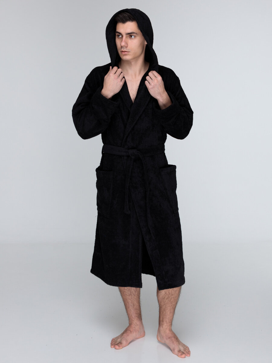Мужской черный махровый халат с капюшоном 44 - фотография № 2
