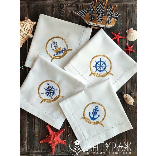 Текстильный сувенир Комплект из 4-х салфеток с вышивкой Кают-компания и мережкой 43*43см от ANTURAG-VISHIVKA