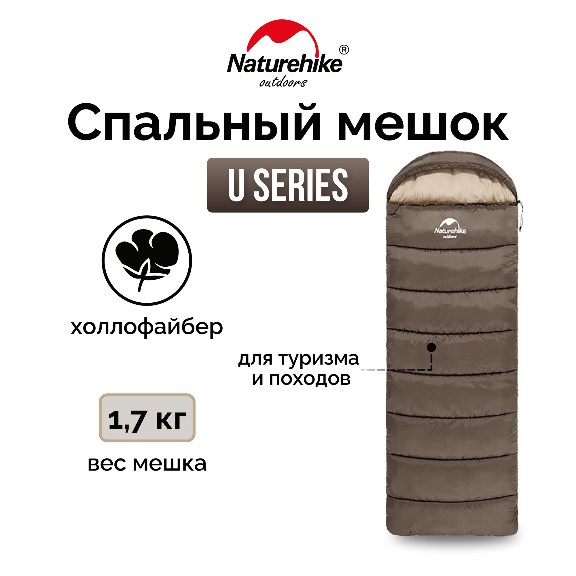 Спальный мешок Naturehike NH20MSD07 U Series U350S, коричневый, 6927595764312