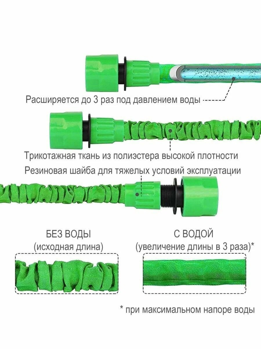 Шланг садовый поливочный растягивающийся 15 метров зеленый